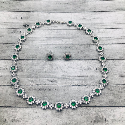 Emerald Flower Necklace with Match Stud Earrings Set