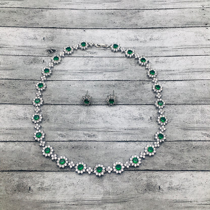 Emerald Flower Necklace with Match Stud Earrings Set