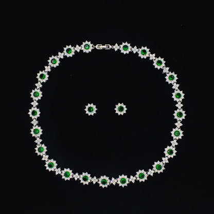Emerald Flower Necklace with Match Stud Earrings Set