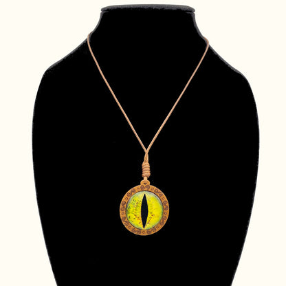 Antique Dragon Evil Eye Necklace | Lucky Red Monster Eye Pendant on Wooden Chain