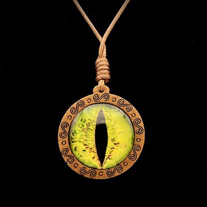 Antique Dragon Evil Eye Necklace | Lucky Red Monster Eye Pendant on Wooden Chain
