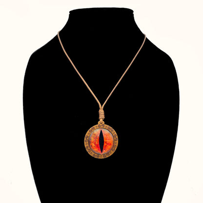 Antique Dragon Evil Eye Necklace | Lucky Red Monster Eye Pendant on Wooden Chain