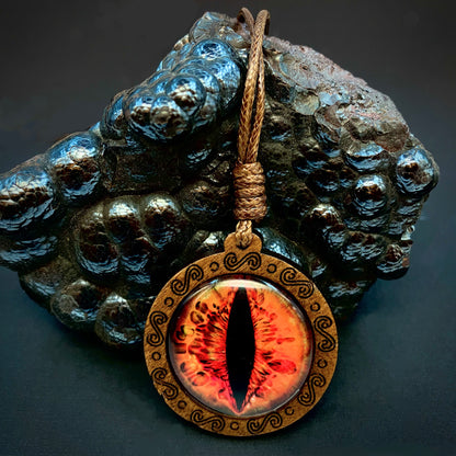 Antique Dragon Evil Eye Necklace | Lucky Red Monster Eye Pendant on Wooden Chain