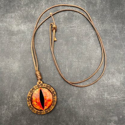 Antique Dragon Evil Eye Necklace | Lucky Red Monster Eye Pendant on Wooden Chain