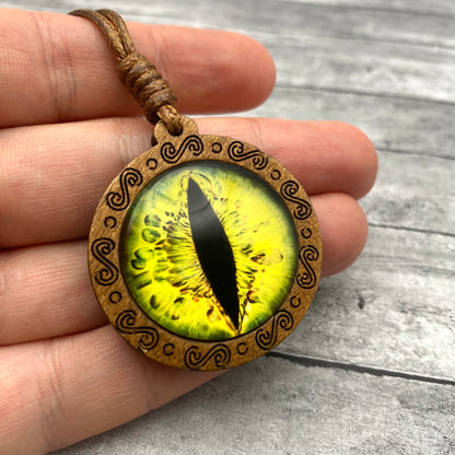 Antique Dragon Evil Eye Necklace | Lucky Red Monster Eye Pendant on Wooden Chain