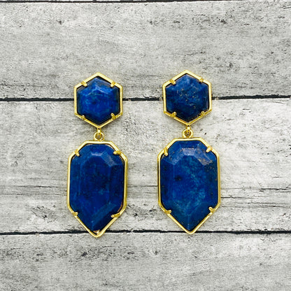 Natural Gemstone Blue Lapis Lazuli Dangle Earrings, Bohemian Style Gold-toned Birthstone Jewelry