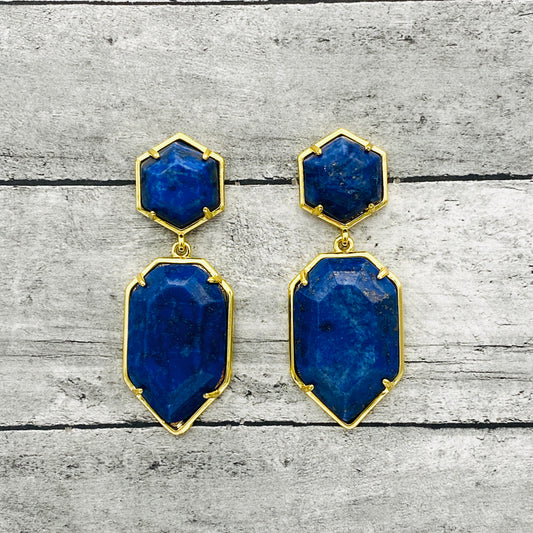 Natural Gemstone Blue Lapis Lazuli Dangle Earrings, Bohemian Style Gold-toned Birthstone Jewelry, Gift for Her