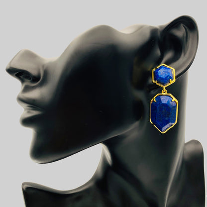 Natural Gemstone Blue Lapis Lazuli Dangle Earrings, Bohemian Style Gold-toned Birthstone Jewelry