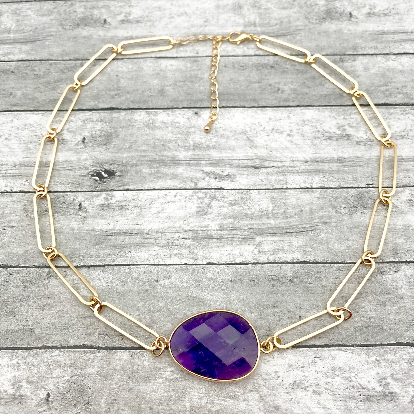 Natural Purple Amethyst Solitaire Gold Chain  Choker - February Birthstone Pendant Necklace | Elegant Jewelry