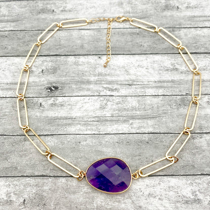 Gold Choker Necklace with Amethyst Pendant – February Birthstone, Personalized Jewelry