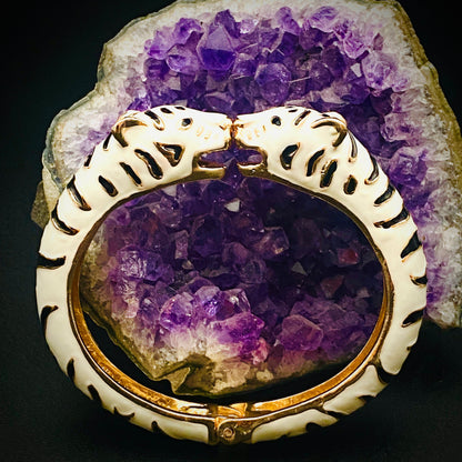 White Double Tiger Head Cuff Bracelet | Unisex Gold-Plated Leopard, Cat, and Jaguar Animal Handmade Jewelry