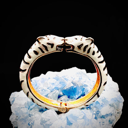 White Double Tiger Head Cuff Bracelet | Unisex Gold-Plated Leopard, Cat, and Jaguar Animal Handmade Jewelry