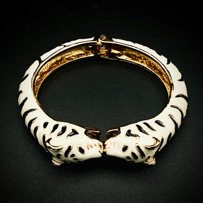 White Double Tiger Head Cuff Bracelet | Unisex Gold-Plated Leopard, Cat, and Jaguar Animal Handmade Jewelry