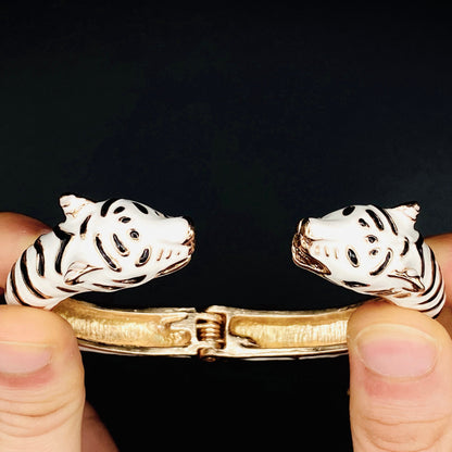 White Double Tiger Head Cuff Bracelet | Unisex Gold-Plated Leopard, Cat, and Jaguar Animal Handmade Jewelry