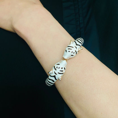 White Double Tiger Head Cuff Bracelet | Unisex Gold-Plated Leopard, Cat, and Jaguar Animal Handmade Jewelry
