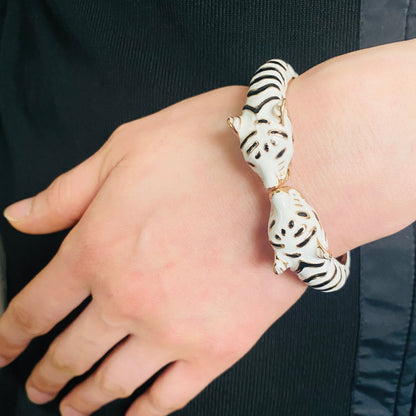 White Double Tiger Head Cuff Bracelet | Unisex Gold-Plated Leopard, Cat, and Jaguar Animal Handmade Jewelry