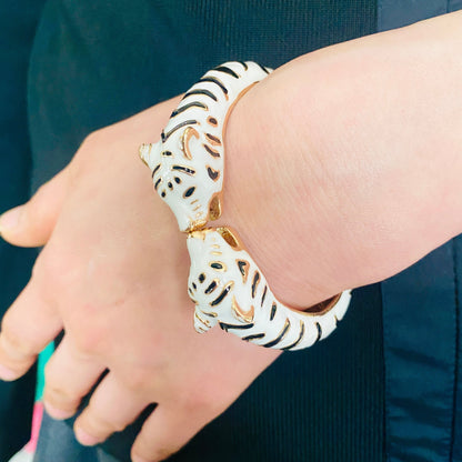 White Double Tiger Head Cuff Bracelet | Unisex Gold-Plated Leopard, Cat, and Jaguar Animal Handmade Jewelry