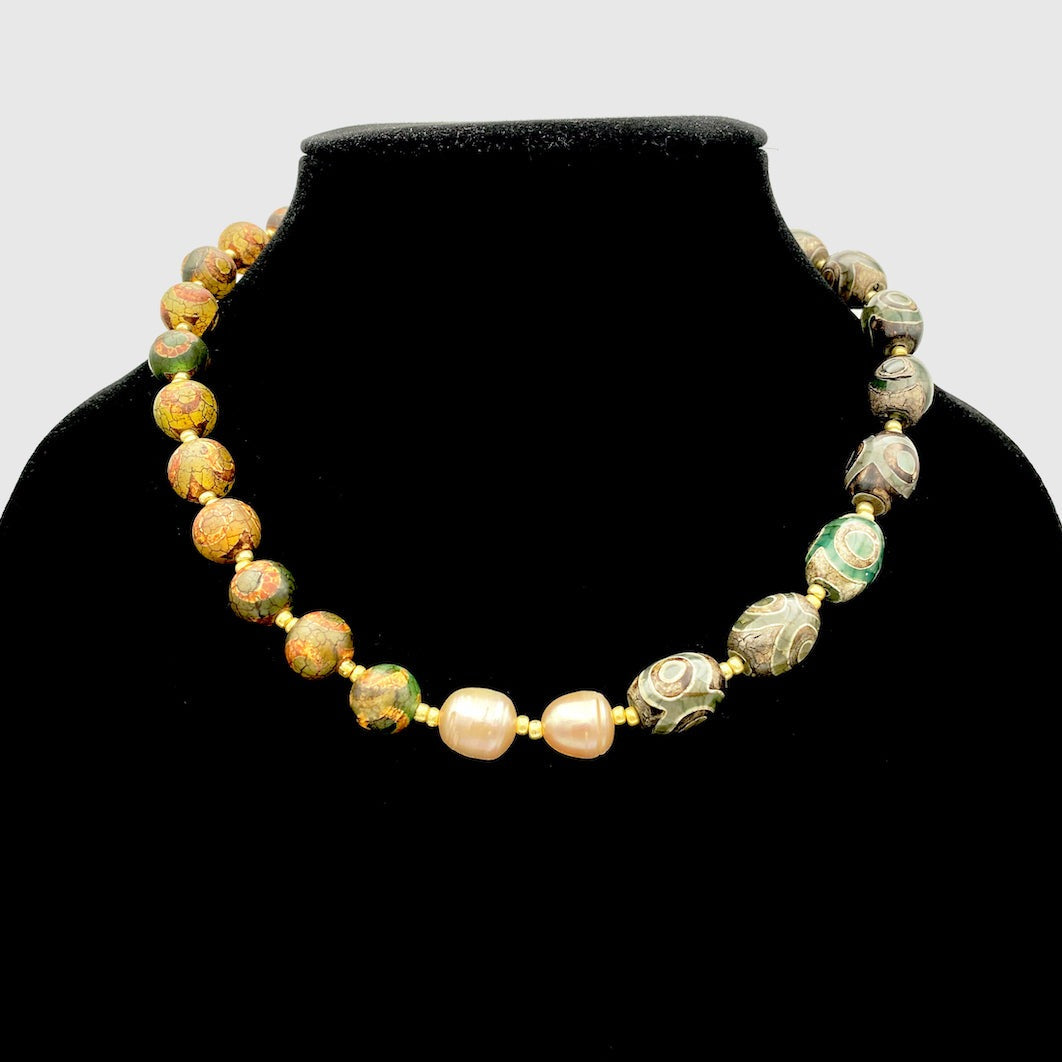 Handcrafted Gemstone and Pearl Necklace - Natural Green Agate Dzi Eye Beads with Pearls | Unique Boho Handmade Beaded Necklace