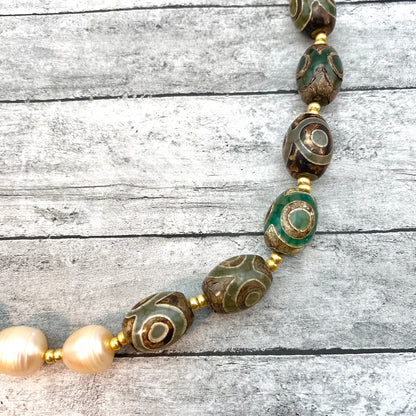 Artisan Pearl & Gemstone Necklace – Handmade with Green Agate and Tibetan Dzi Beads, Natural Stone Boho Necklace