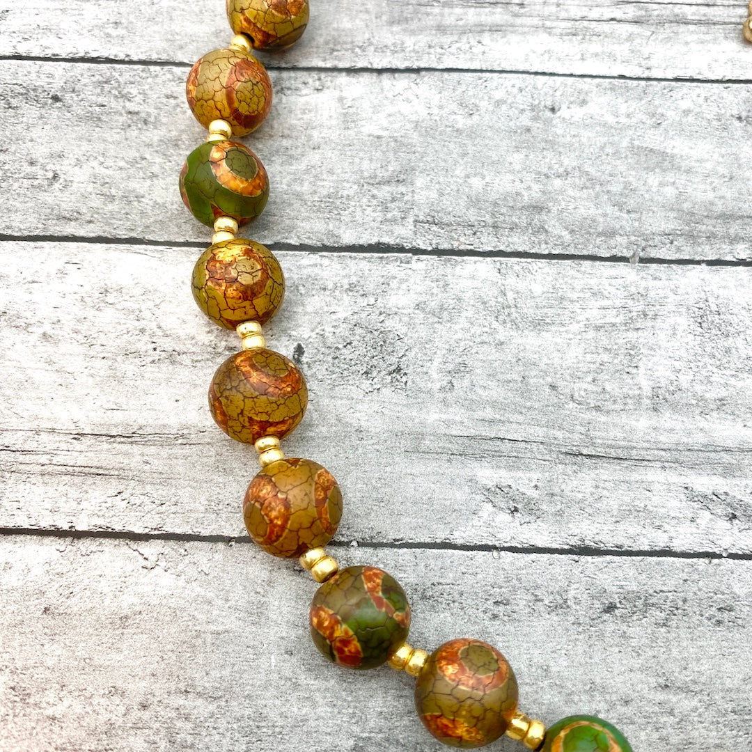 Handcrafted Gemstone and Pearl Necklace - Natural Green Agate Dzi Eye Beads with Pearls | Unique Boho Handmade Beaded Necklace