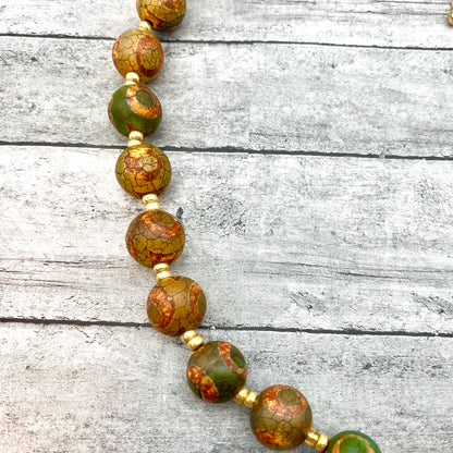Artisan Pearl & Gemstone Necklace – Handmade with Green Agate and Tibetan Dzi Beads, Natural Stone Boho Necklace