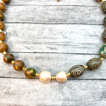 Artisan Pearl & Gemstone Necklace – Handmade with Green Agate and Tibetan Dzi Beads, Natural Stone Boho Necklace