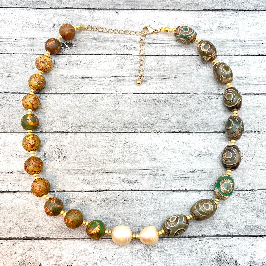 Handcrafted Gemstone and Pearl Necklace - Natural Green Agate Dzi Eye Beads with Pearls | Unique Boho Handmade Beaded Necklace