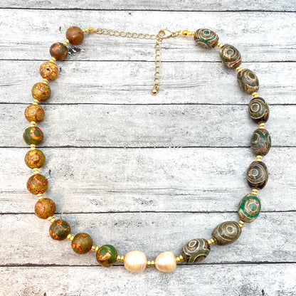 Artisan Pearl & Gemstone Necklace – Handmade with Green Agate and Tibetan Dzi Beads, Natural Stone Boho Necklace