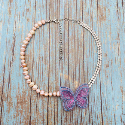 Boho Butterfly Choker Necklace – Natural Pearls & Crystals, Gift for Her