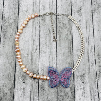 Boho Butterfly Choker Necklace – Natural Pearls & Crystals, Gift for Her