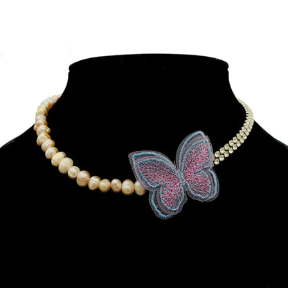 Boho Butterfly Choker Necklace – Natural Pearls & Crystals, Gift for Her