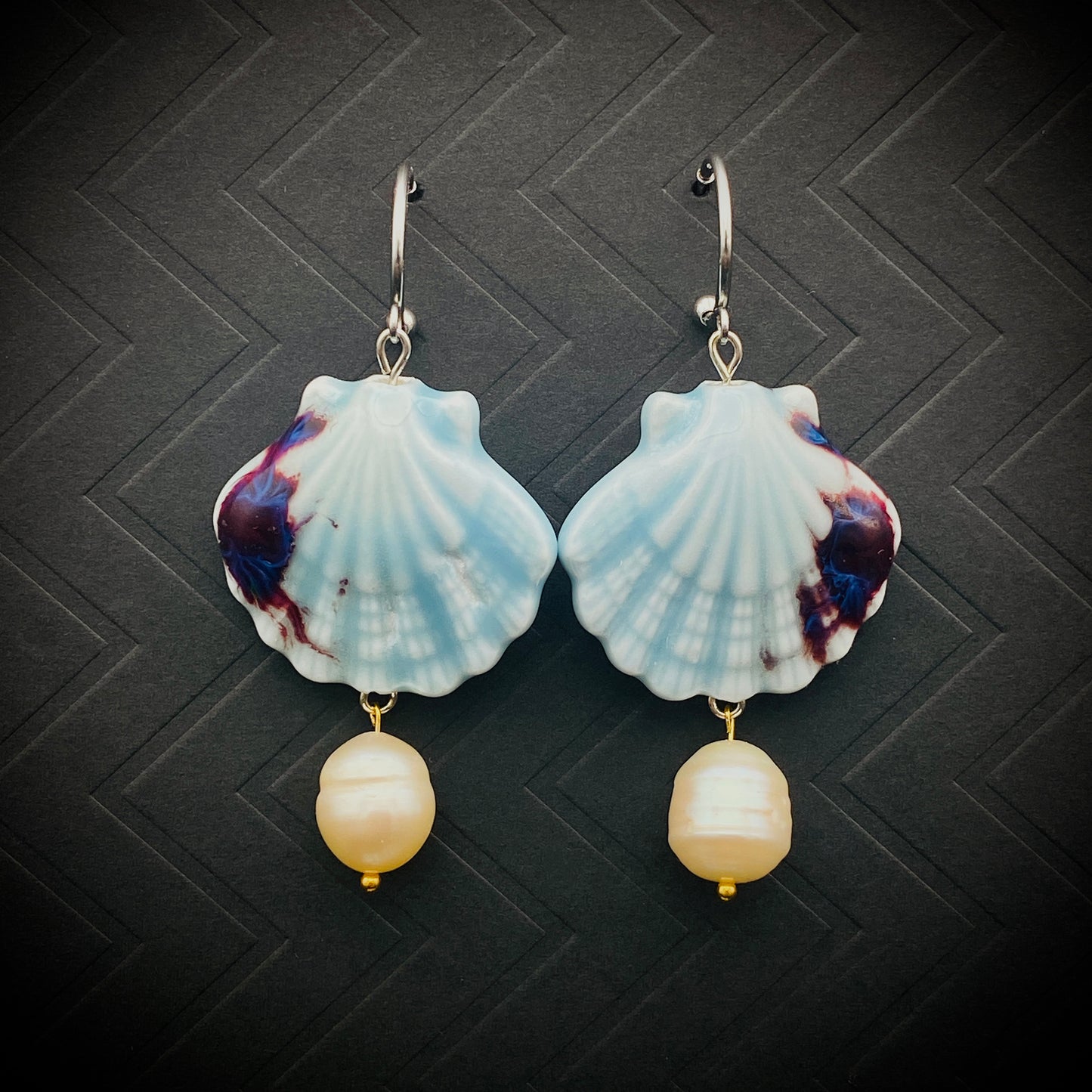 Blue Seashell & Freshwater Pearl Drop Earrings – Coastal Beach Dangle Earrings | Ocean-Inspired Statement Jewelry
