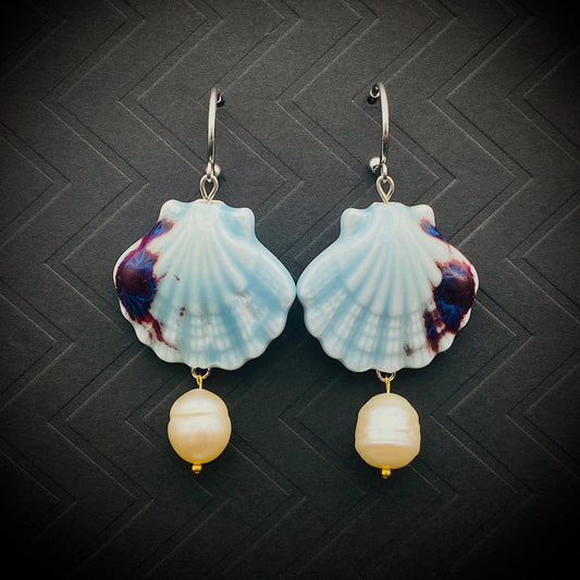 Blue Seashell & Freshwater Pearl Drop Earrings – Coastal Beach Dangle Earrings | Ocean-Inspired Statement Jewelry