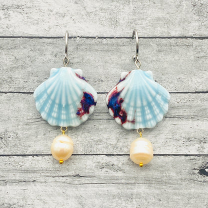Blue Seashell & Freshwater Pearl Drop Earrings – Coastal Beach Dangle Earrings | Ocean-Inspired Statement Jewelry