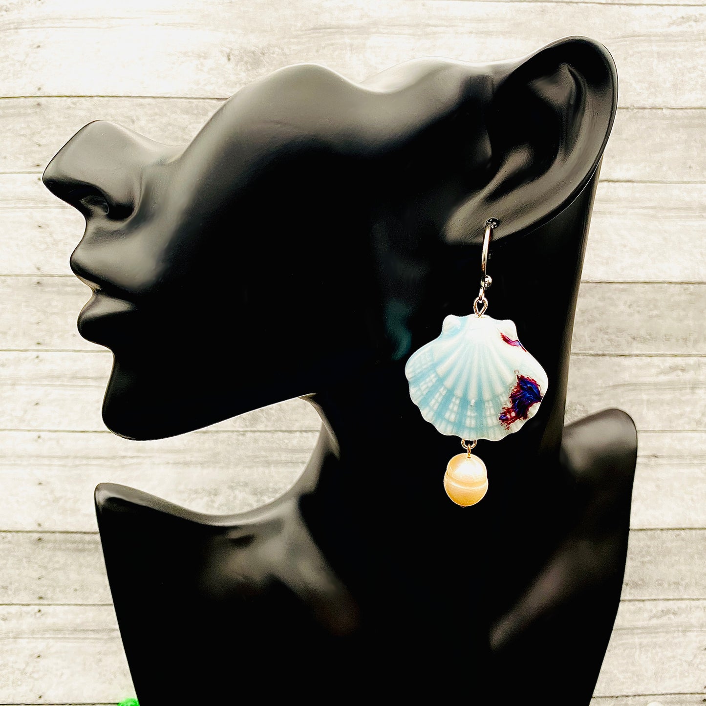 Blue Seashell & Freshwater Pearl Drop Earrings – Coastal Beach Dangle Earrings | Ocean-Inspired Statement Jewelry