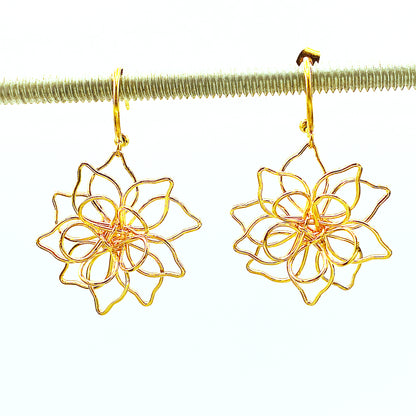 14K Gold Plated Hoop Earrings Featuring Handmade Wire Flower, Boho-Chic Natural Inspired Jewelry, Lightweight and Elegant Gift