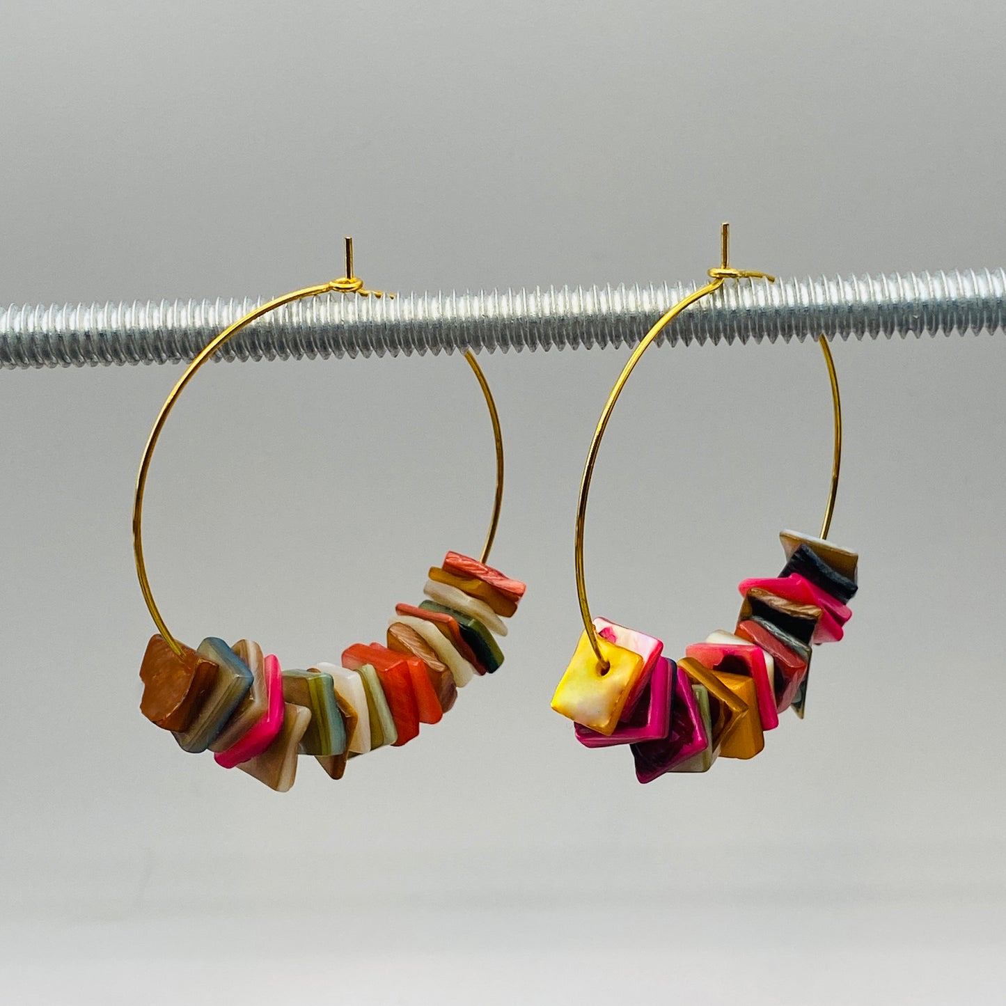 14K Gold Plated Boho Hoop Earrings with Colorful Sea Shell Charms, Bohemian Style Lightweight Beach Jewelry
