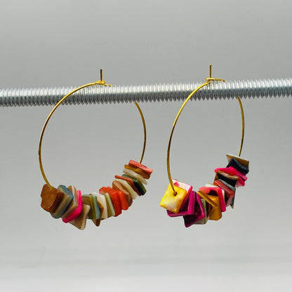 14K Gold Plated Boho Hoop Earrings with Colorful Sea Shell Charms, Bohemian Style Lightweight Beach Jewelry