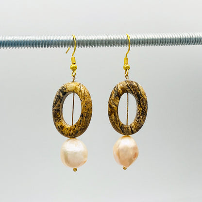 Natural Jasper Stone Earrings with Freshwater Pearl Dangles, Boho-Chic for Everyday Wear