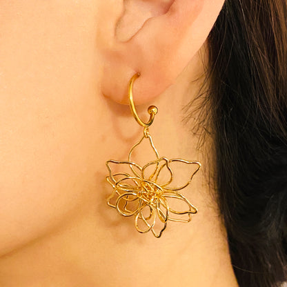 14K Gold Plated Hoop Earrings Featuring Handmade Wire Flower, Boho-Chic Natural Inspired Jewelry, Lightweight and Elegant Gift