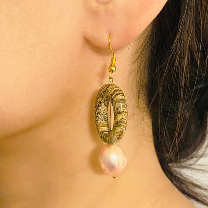 Natural Jasper Stone Earrings with Freshwater Pearl Dangles, Boho-Chic for Everyday Wear