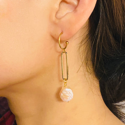 14K Gold Link Earrings with Baroque Pearls – Bohemian Statement Jewelry for Women