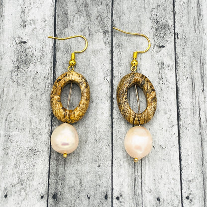 Natural Jasper Stone Earrings with Freshwater Pearl Dangles, Boho-Chic for Everyday Wear