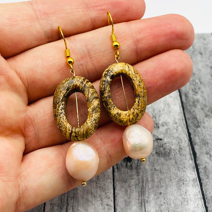 Natural Jasper Stone Earrings with Freshwater Pearl Dangles, Boho-Chic for Everyday Wear