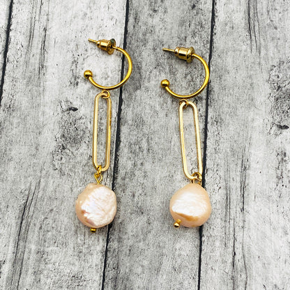 14K Gold Link Earrings with Baroque Pearls – Bohemian Statement Jewelry for Women