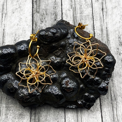 14K Gold Plated Hoop Earrings Featuring Handmade Wire Flower, Boho-Chic Natural Inspired Jewelry, Lightweight and Elegant Gift