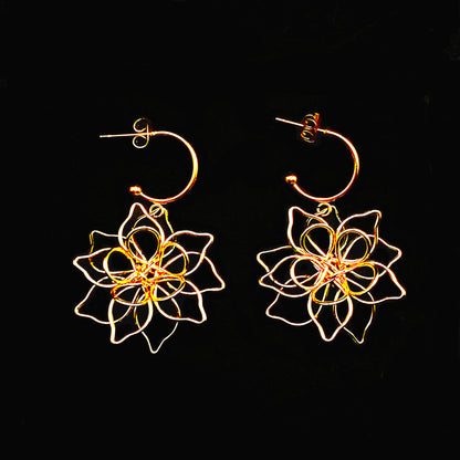 14K Gold Plated Hoop Earrings Featuring Handmade Wire Flower, Boho-Chic Natural Inspired Jewelry, Lightweight and Elegant Gift