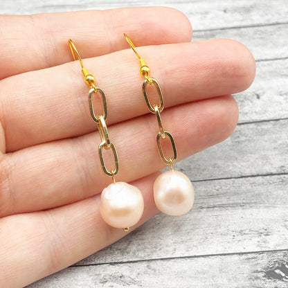 Women’s Gold Chain and Pearl Dangle Earrings – Lightweight Statement Jewelry