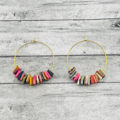 14K Gold Plated Boho Hoop Earrings with Colorful Sea Shell Charms, Bohemian Style Lightweight Beach Jewelry