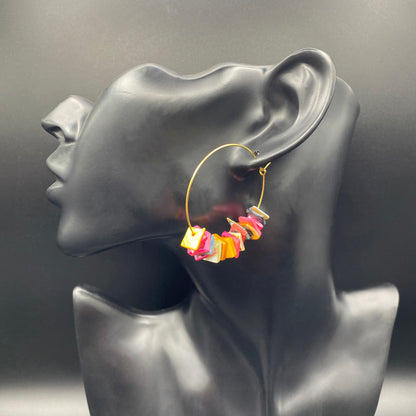 14K Gold Plated Boho Hoop Earrings with Colorful Sea Shell Charms, Bohemian Style Lightweight Beach Jewelry